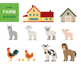 Cute Farm animals set. Сartoon animals collection in flat style isolated on white background: cow, horse, sheep, goat, rooster, donkey, chicken, goose, pig