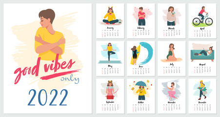 Vertical Calendar for Year 2022, Planner, Organizer. Wall calendar with cute woman vector illustration in Flat style. Love yourself, positive concept for all year