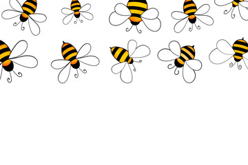 Cartoon cute bee mascot. Merry bee with an empty table. Small wasp. Vector character. Insect icon. Holiday template design for invitation, cards, wallpaper, school, kindergarten. Copy space
