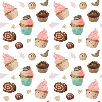 The pattern. Desserts: rolls, cupcakes, sweets. The image is hand-drawn and isolated on a white background. Watercolour painting.