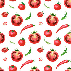Pattern tomatoes and hot peppers. The image is hand-drawn and isolated on a white background. Watercolour painting.