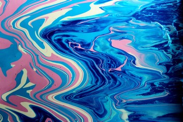 Abstract white-pink-blue marble background. The acrylic paint mixes freely and creates an...