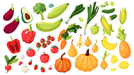 A large set of fruits vegetables and berries. Healthy eating rainbow. Vector illustration isolated on white background. Vegan food.