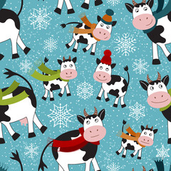 Vector Seamless pattern with bulls, calves and snowflakes. Loop pattern for fabric, textile, wallpaper, posters, gift wrapping paper, napkins, tablecloths. Print for kids. Children's pattern 