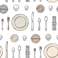 Seamless pattern with dishes, plates, spoons and forks on a white background. Cutlery in hand drawn style.