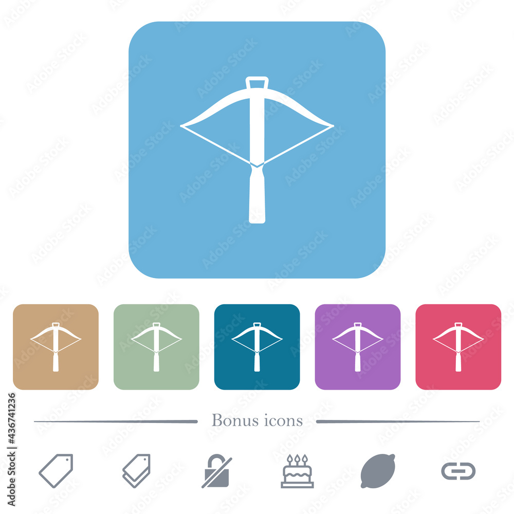 Poster crossbow flat icons on color rounded square backgrounds
