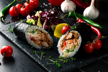 big sushi rolls futomaki on black slate