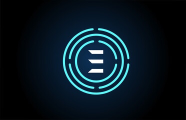 E white letter icon design with blue circles. Alphabet logo design. Branding for products and company