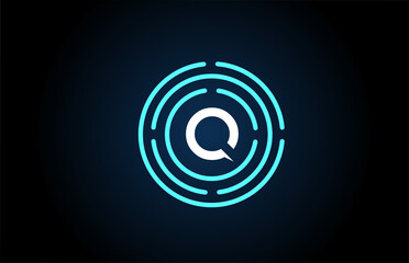 Q white letter icon design with blue circles. Alphabet logo design. Branding for products and company