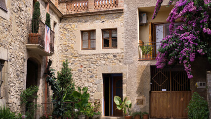 Fototapeta na wymiar Arquitectura de una casa pequeña estilo rústico en Púbol con vegetación