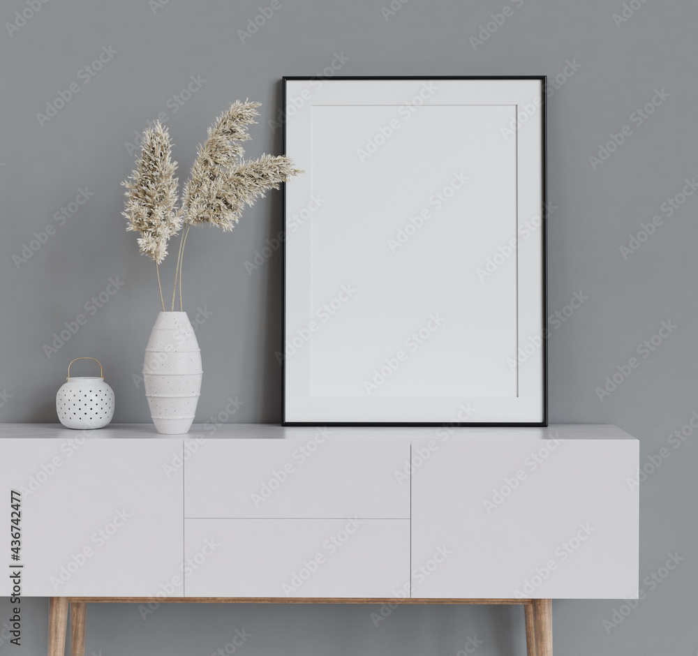 Poster mock up poster frame on white cabinet in simple home interior. 3d render. 3d illustration.