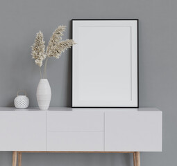 Mock up poster frame on white cabinet in simple home interior. 3d render. 3D illustration.