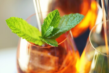close up of colorful aperitive summer drinks with glass straws