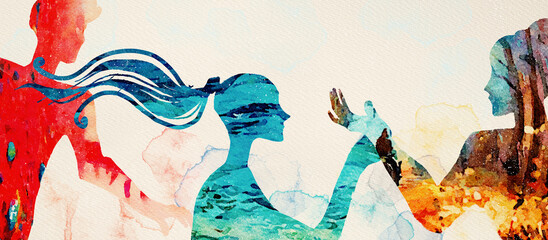 Earth, Water, Fire. Watercolor metaphorical concept banner - obrazy, fototapety, plakaty