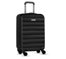 Bag travel. Silver travel plastic suitcase or vacation baggage bag collection isolated on white background. Copy space of summer vacation and business travel concept.