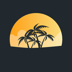 Palm trees in the backlight of the sun. Palm Beach Florida. Leisure and travel. Coconut palms at sunset. Sunrise. Vector illustration. Palm trees and sun emblem.