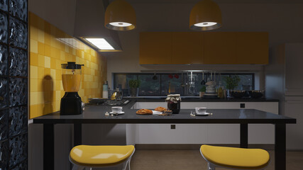 Kitchen Counter Inside a Softly Illuminated Kitchen with a Garden View 3D Rendering