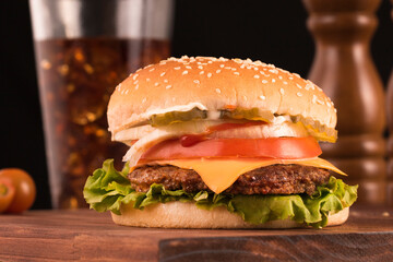 hamburger on a wooden table