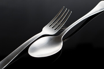 fork and spoon made of steel on black backround