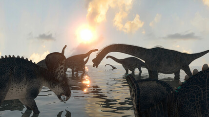 Naklejka premium dinosaurs at sunset render 3d