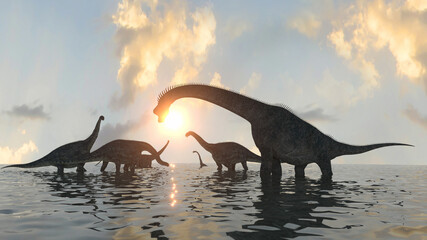Naklejka premium dinosaurs at sunset render 3d