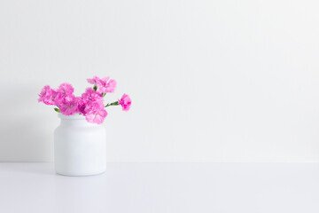 Pink flowers of carnation in vase on white table.