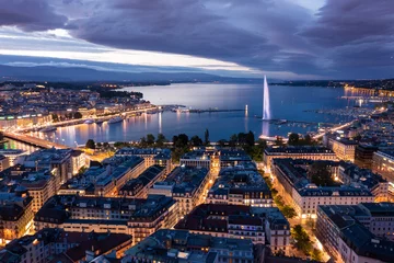 Foto op Plexiglas Mont Blanc Aerial  night view of Geneva city water fountain in Switzerland