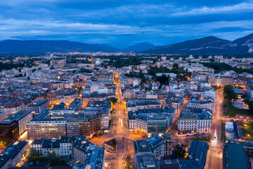 Aerial  night view of Geneva city in Switzerland