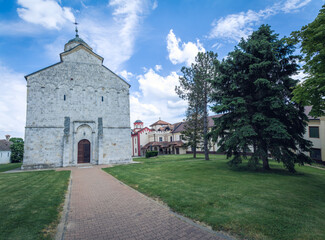 Serbian Orthodox Monastery with cloudy sky. Big Orthodox Monastery in Serbia.