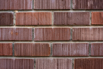 Wall of new building made with rows of rectangle red color bricks connected with concrete mix at bright light close view