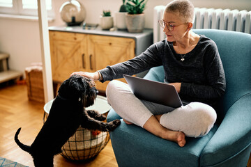 Attractive old woman with short hair sitting in her chair with a laptop in her lap and petting the dog.