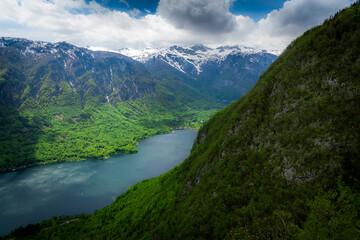 Fototapeta na wymiar The Bohinj Lake in Slovenia from bird's eye view