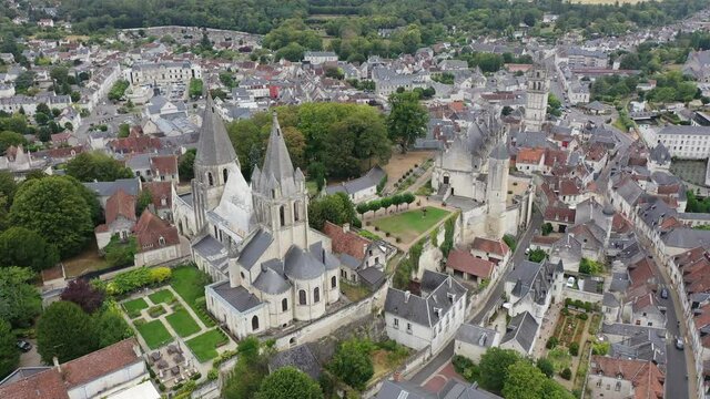 Flight over the city Loches and the Royal castle Loches on summer day. France