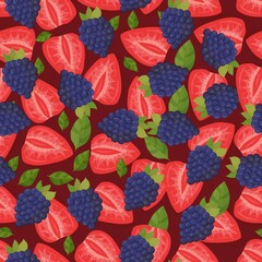 Pattern of ripe strawberries and blackberries. Berry in section. Berry background. A simple element of decor. Vector illustration.