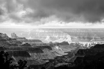 Black and white photo of North Grand Canyon with dark clouds