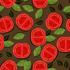 Tomato and basil pattern. Summer snack. Healthy breakfast. Vector illustration isolated on white background.