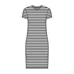 Dress sailor technical fashion illustration with stripes, short sleeves, oversized body, knee length pencil skirt. Flat apparel front, grey color style. Women, men unisex CAD mockup