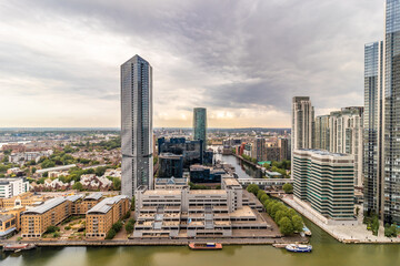 Sunset over London's financial district in Canary Wharf