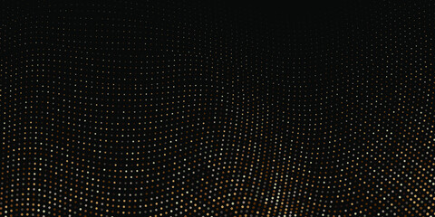 Abstract black background textured with golden halftone pattern. Vector illustration