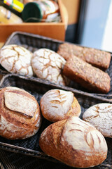 A freshly baked bread on the counter of a bakery