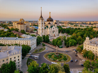 Fototapeta na wymiar Evening Voronezh, Annunciation Cathedral, aerial drone view