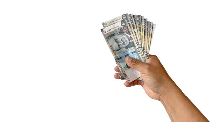 man hand holding peruvian sol banknotes on white background