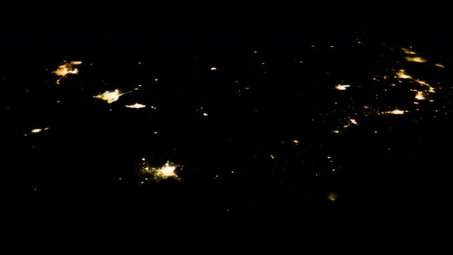Earth at night time lapse view from satellite, rotating with night lights, thunderstorms flash and sunrise at the end. Contains images furnished by Nasa