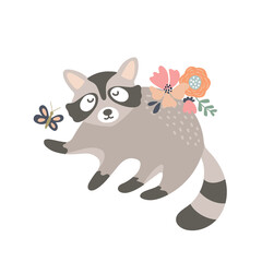 vector illustration animal cute raccoon with a bouquet of flowers. drawing for kids design, holiday invitations and cards
