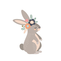 vector illustration animal cute rabbit with a bouquet of flowers. drawing for kids design, easter holiday, invitations and cards