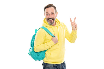 education for adult. male casual style. peace gesture. mature happy man with beard carry backpack.