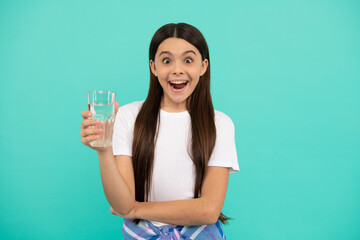 surprised girl drink glass of water to stay hydrated and keep daily water balance, drink water.