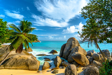 Rocks and trees on a tropical beach in Seychelles, East Africa
