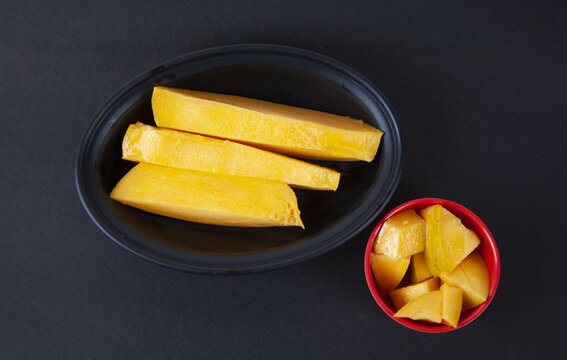 Top View Of Sliced Mango On A Plate On A Black Surface