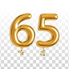 Vector realistic isolated golden balloon number of 65 for invitation decoration on the transparent background. - obrazy, fototapety, plakaty